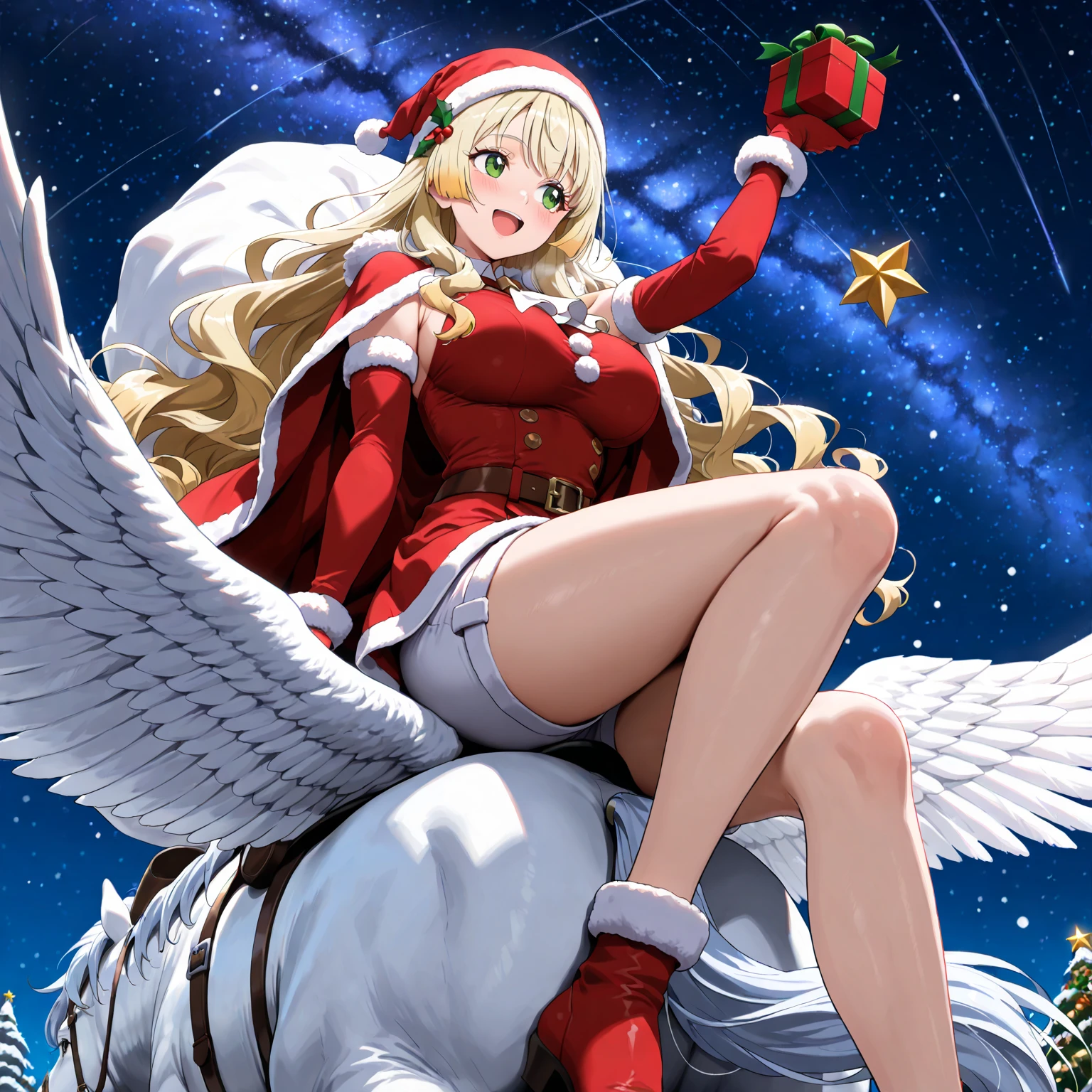 ((christmas day battle)), detailed face, super low angle, (Mechanical, complex body, she is a giant god weapon, has a flame sword), droopy eyes, sleepy face, spread legs, small breasts, (thin thighs), ((Hello)), Flying over the city, My groin hits the roof of a building, inflammation, santa costume santa hat, ((destroy the city)), (in the snow), she has many wings,