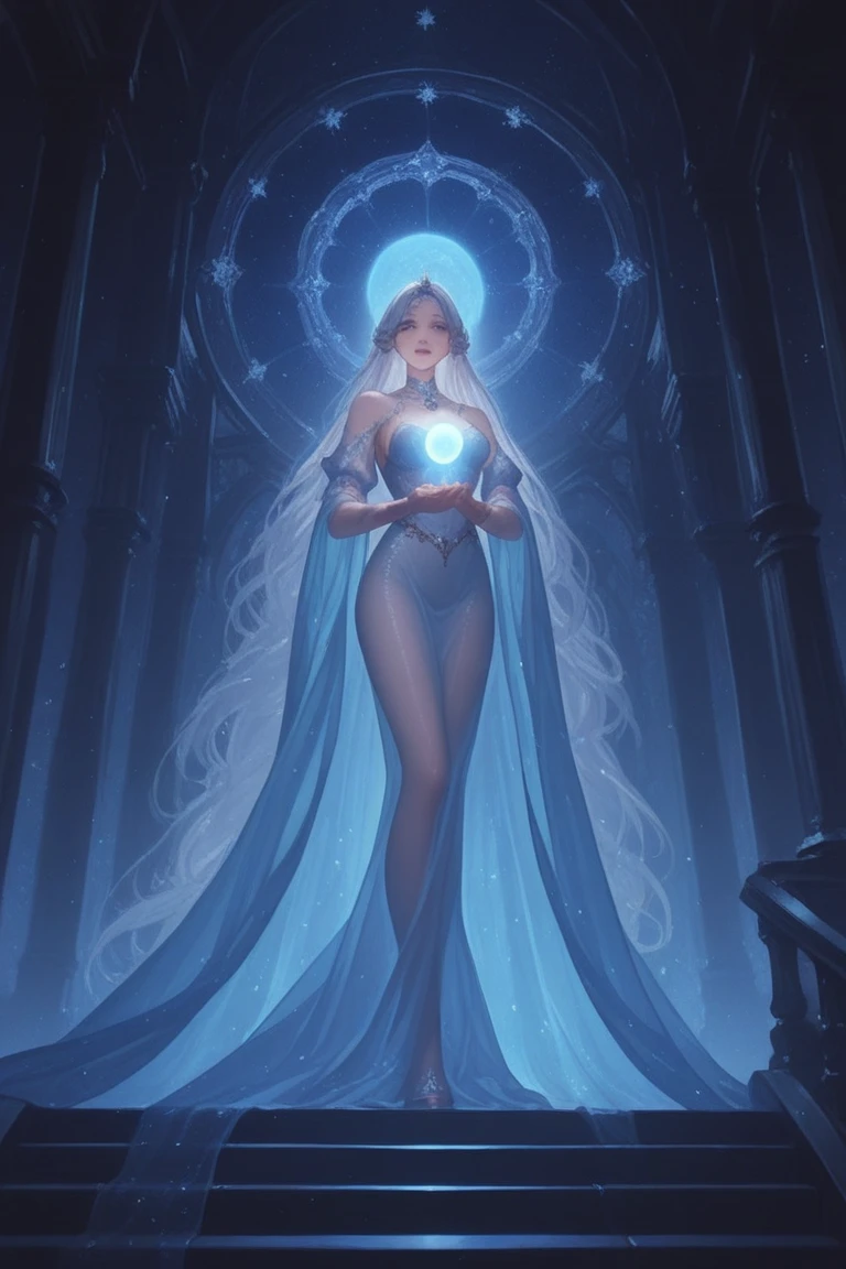 (Anime adulte woman), priestress, priestress white dress, light aura, church background, cleavage, has magician staff with light white crystal, hand with five fingers, light halo, casting light spell pose