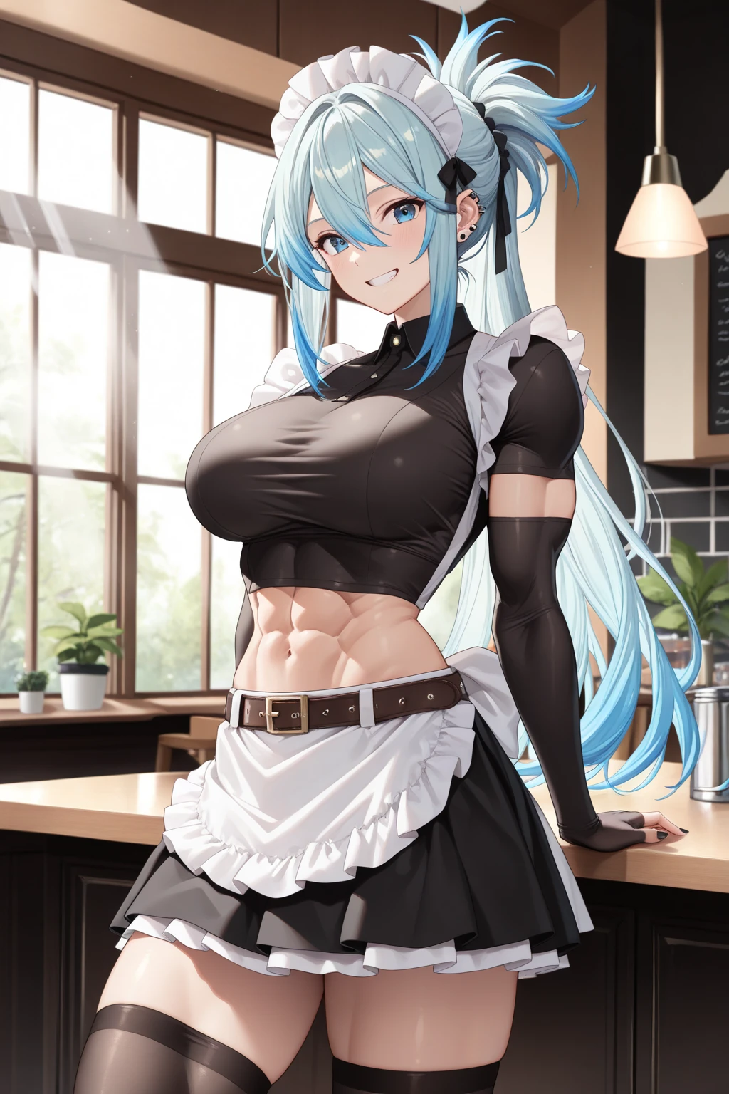 ((Masterpiece)), ((Best Quality)), ((Best Quality)), (Illustration of One Girl), Long Black Hair, Tall, (Muscular Strong Body), (Split Abs), (Muscular and Thick Arms), Body Stuffy with Sweat, (Steam Drifting Around the Body), (Armpit Pose), ((Maid Clothes)), Indoor