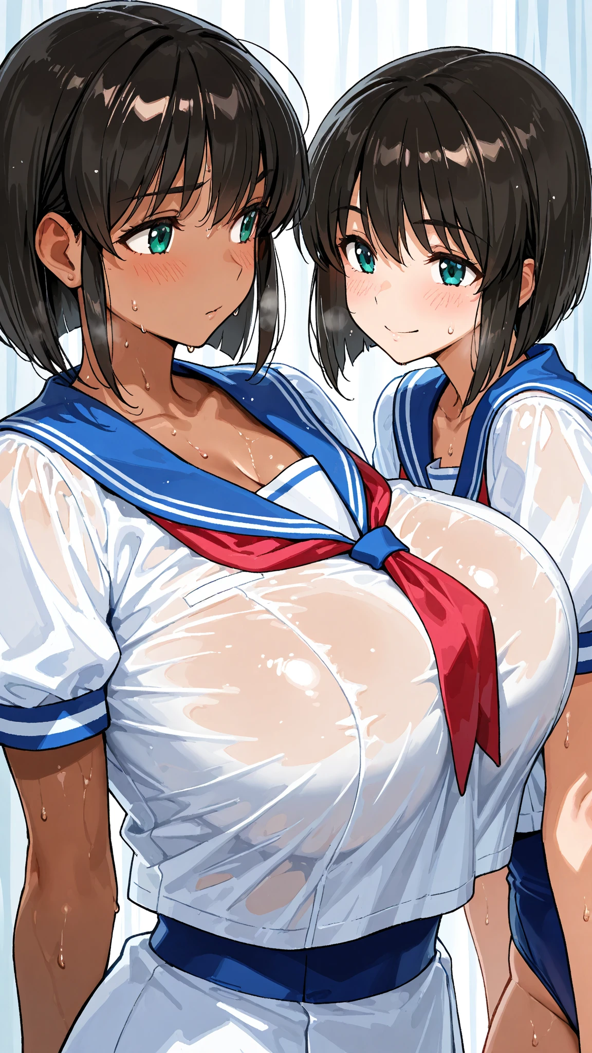 masterpiece, Highest quality, Beautiful face and eyes in every detail, Two Girls, Cute idol, Cool Idol, Event Stage, Cool idol costumes, sing, Laughter,(hyper Huge breasts:1.9)(shirtlift:1.8),(nipple:1.5),(Top view:1.4),(Side by side:1.7),(slouch:1.7),(breasts grab:1.8),(nsfw:1.7),( hold one's chest with one's arms:1.5),grin