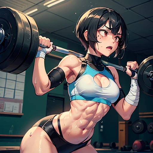 (Eine detaillierte Zeichnung von Yor , female Bodybuilding , bodybuilding gym.), shirtless, barefoot, squats,Dumbbells ,Big muscle, abs, Most muscular