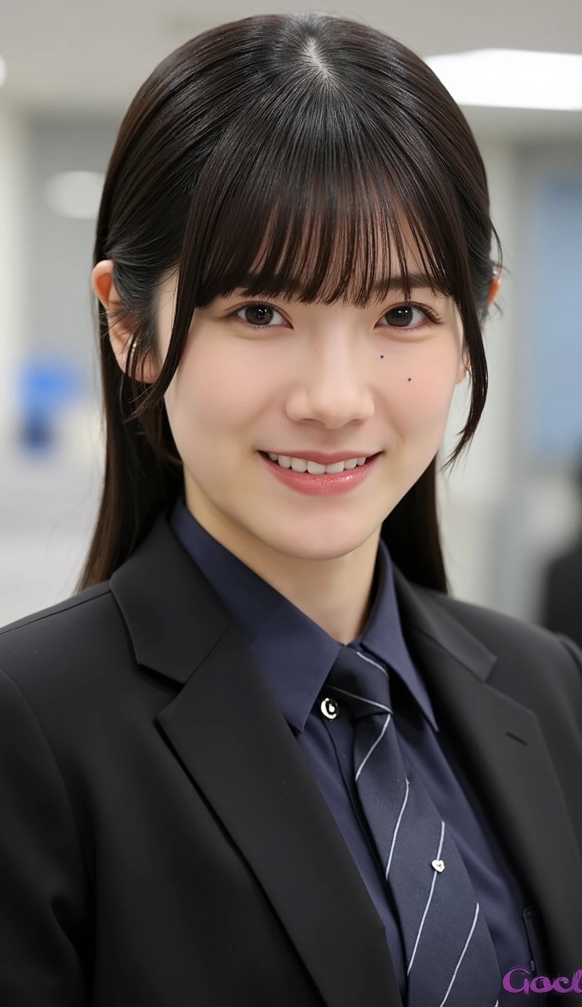 Neat Young Woman、and look at the camera、office lady suit、jacket、shirt、necklace、、ear piercing、薄い茶髪、、Has bangs、smile showing teeth、Bust Up Shot、background is office