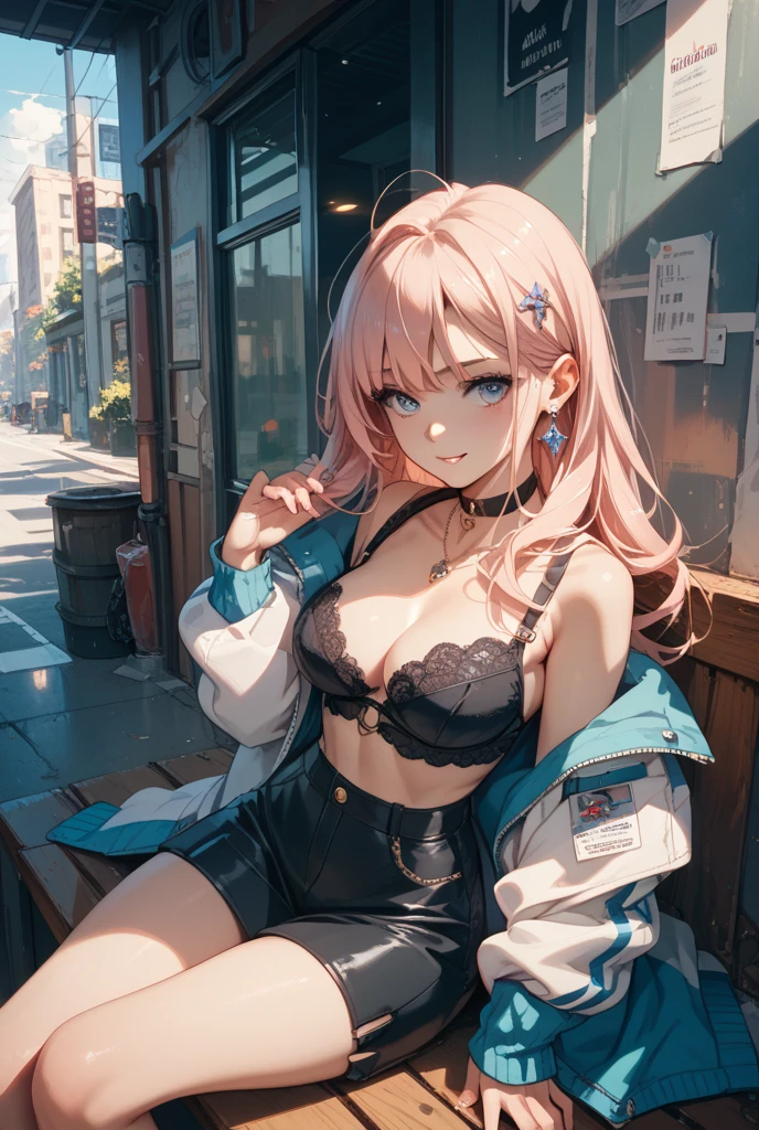 (Best Quality, 8k, Masterpiece), (A Pretty Girl, Long Pink Hair, Long Messy Hair, Big Eyes: 1.3, Long Eyelashes, Delicate Makeup: 1.4, Sexy Lips, Blush), ((Layered Hairstyle, Room: 1.2)), (Exquisite Watch, Silver Reflective Heart-shaped Necklace, Bulgari's Earrings, Bulgari's Rings), Black Patent Leather Short Coat, (Sitting on a park bench with built leaves and flowers behind him), (Wearing a white shirt with 2 buttons open, medium chest), Black oily transparent pantyhose, hip skirt, (sitting and bending over, taking off your shoes with your hands, revealing your feet), Best Light, Best Shadow, Movie Lighting, 26 years old, 1girl, Acura, (Real skin, supple skin) ray tracing, Unreal Engine 5, Reflective Skin, Digital Illustration, Game CG Characters, Supermodel, (Kpop, idol), surrounded by colorful butterflies flying, wind blowing hair, wearing headphones listening to songs, looking into the distance