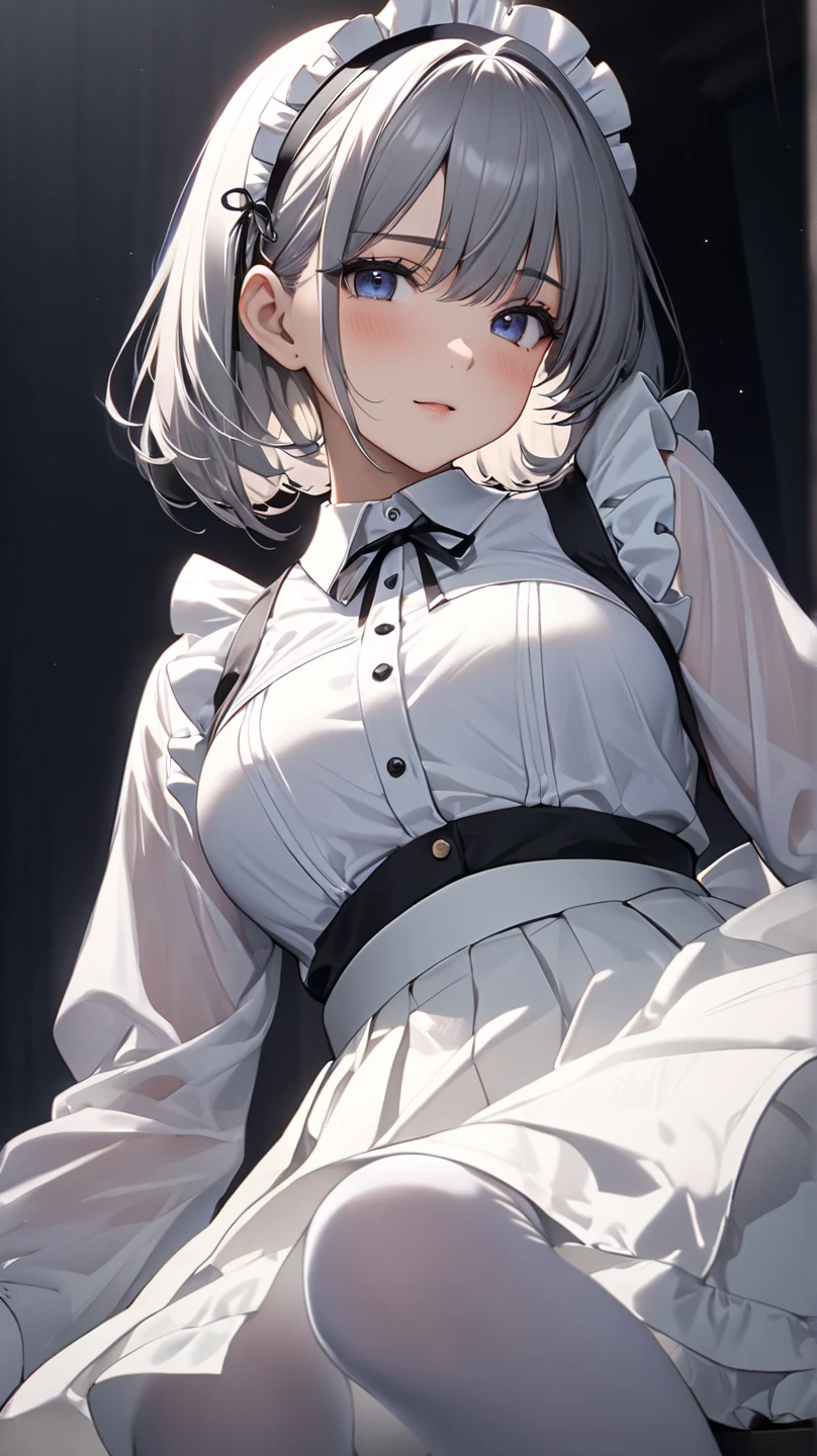 【Highest Quality, masutepiece】 [1 girl in, Manteau, expressioness, Red Eyes, front facing, White hair, Slender beauty,straight haired, Bery short hair ,Cafe Apron] (Gray white background:1.5), No smile, Does not blush cheeks,not naked,