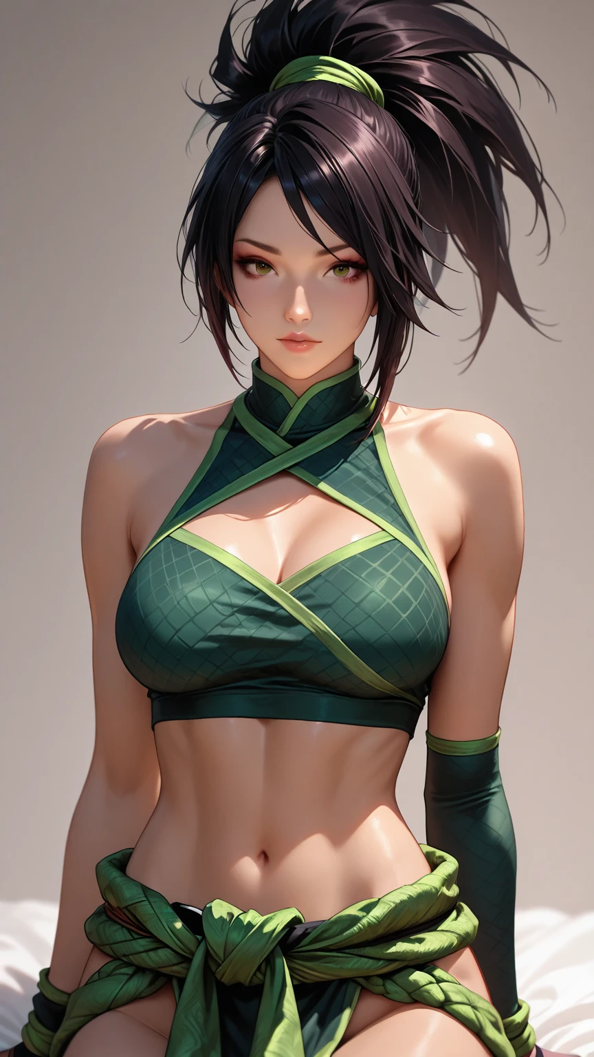 (masterpiece, best quality:1.2), intricate details,  <lora:lol_akali-000012:1>, akali, 1girl, crop top, pants, hair ribbon,  shoulders, ponytail, tattoo, black hair, <lora:GoodHands-beta2:1>