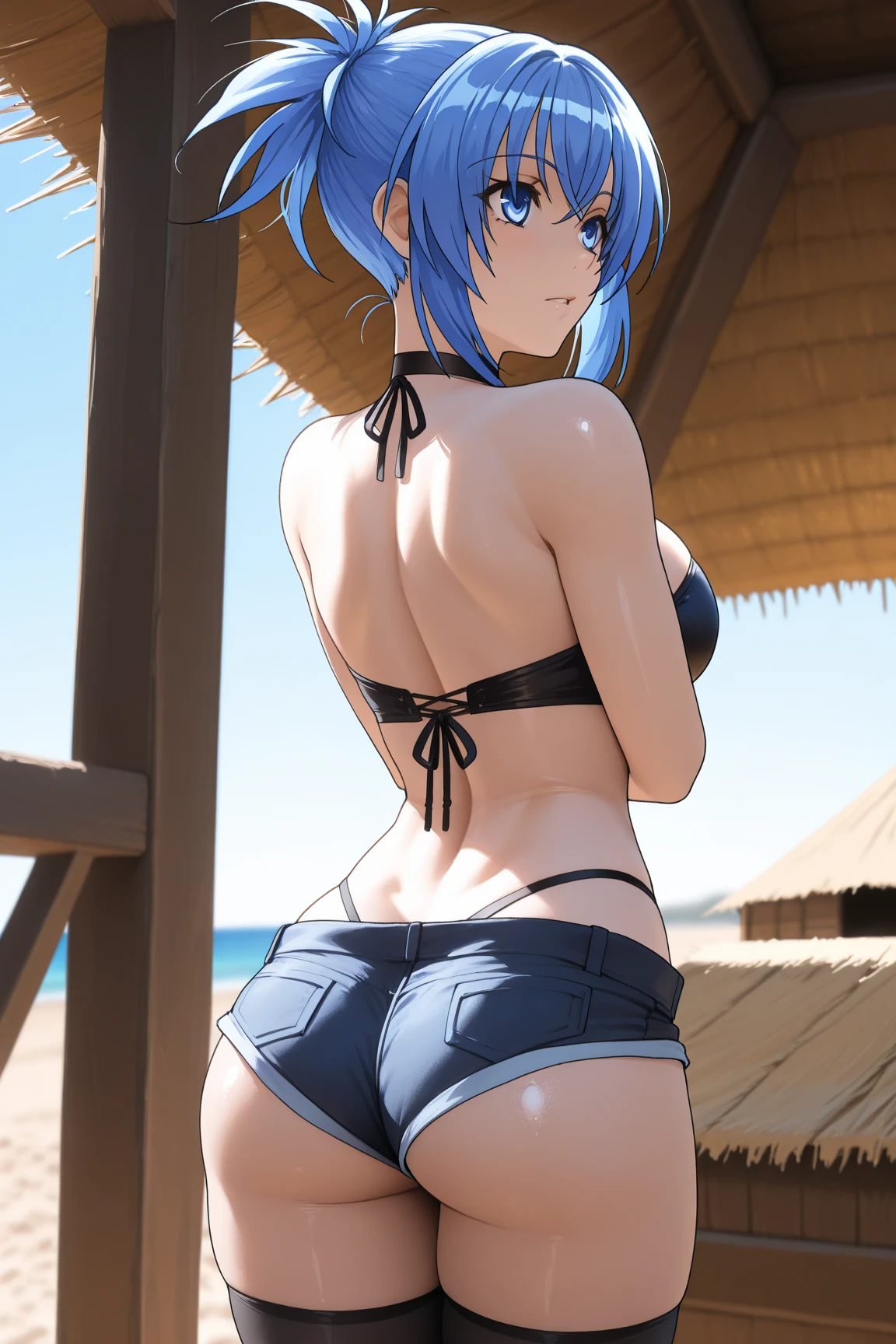YelanV4, ((Yelan lying on stomach)), on beach, black lingerie, from behind, looking back, (detailed face), blue eyes, (detailed eyes), symmetric eyes, facial details, atheletic back, voluptuous body, slim waist, HD, 8K, vivid colors, intricate, sunny day, sand, waves, blue sky, string panty, ass close-up