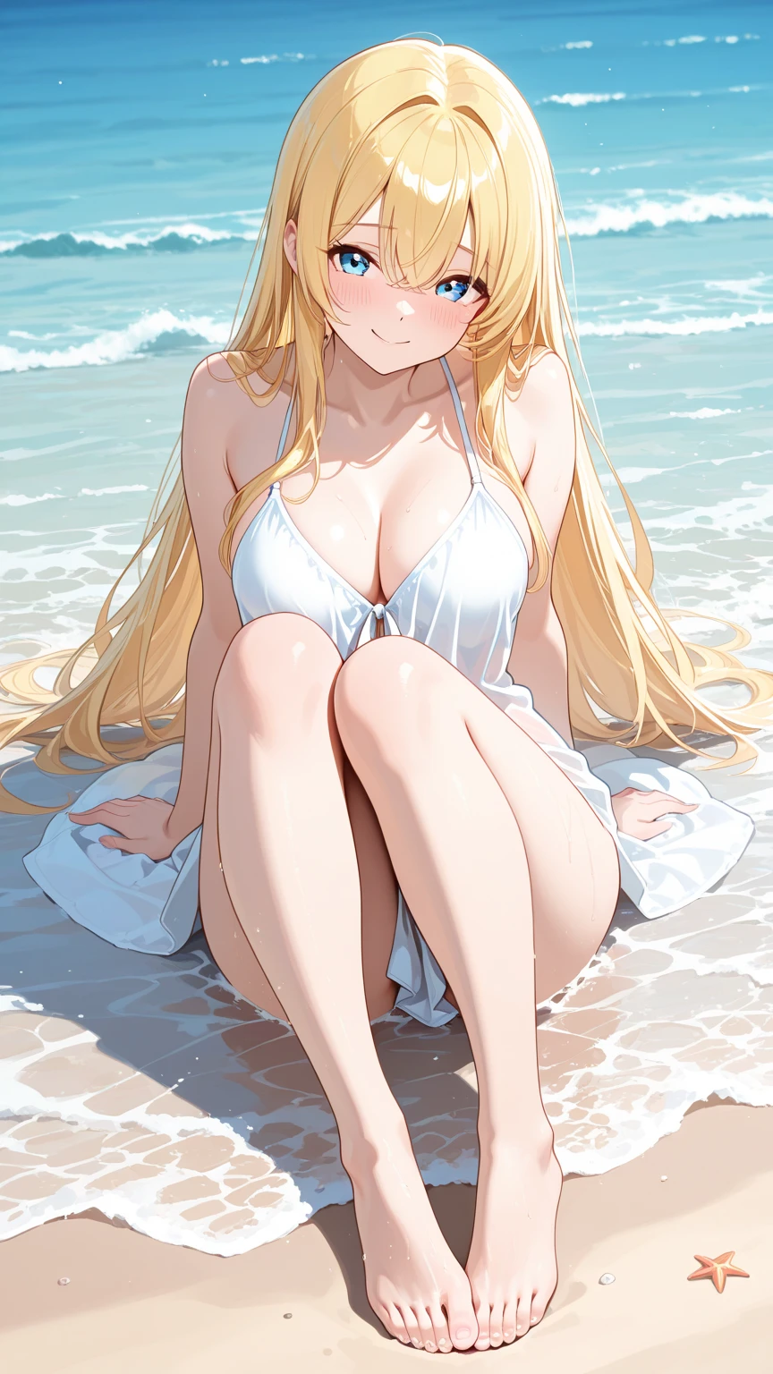 highest quality, masterpiece, blonde、gal、big breasts、tits、swimsuit、Slut、fold your arms、Supports the chest、sandy beach