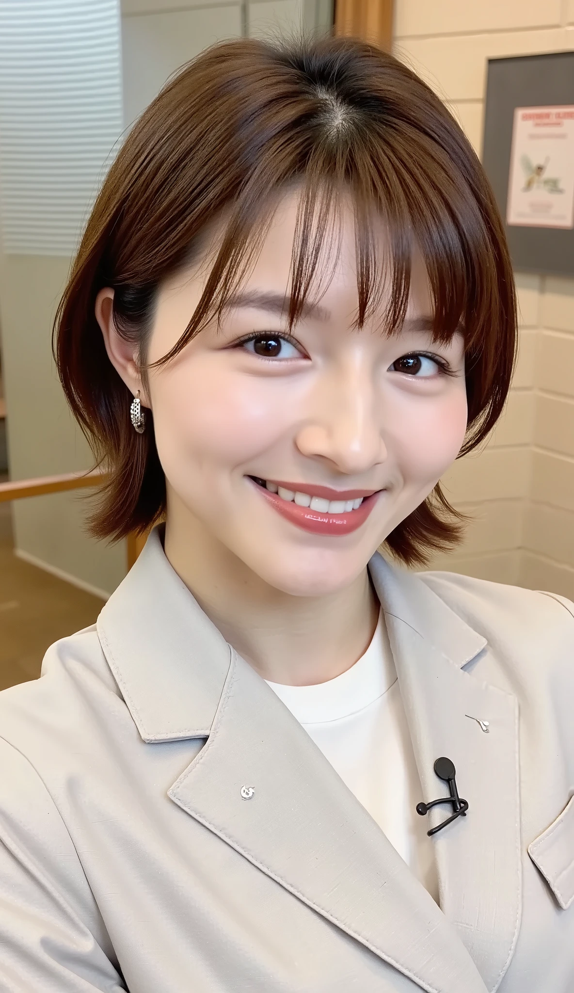 Neat Young Woman、and look at the camera、office lady suit、jacket、shirt、ネックレス、、ear piercing、、smile showing teeth、背景はオフィス