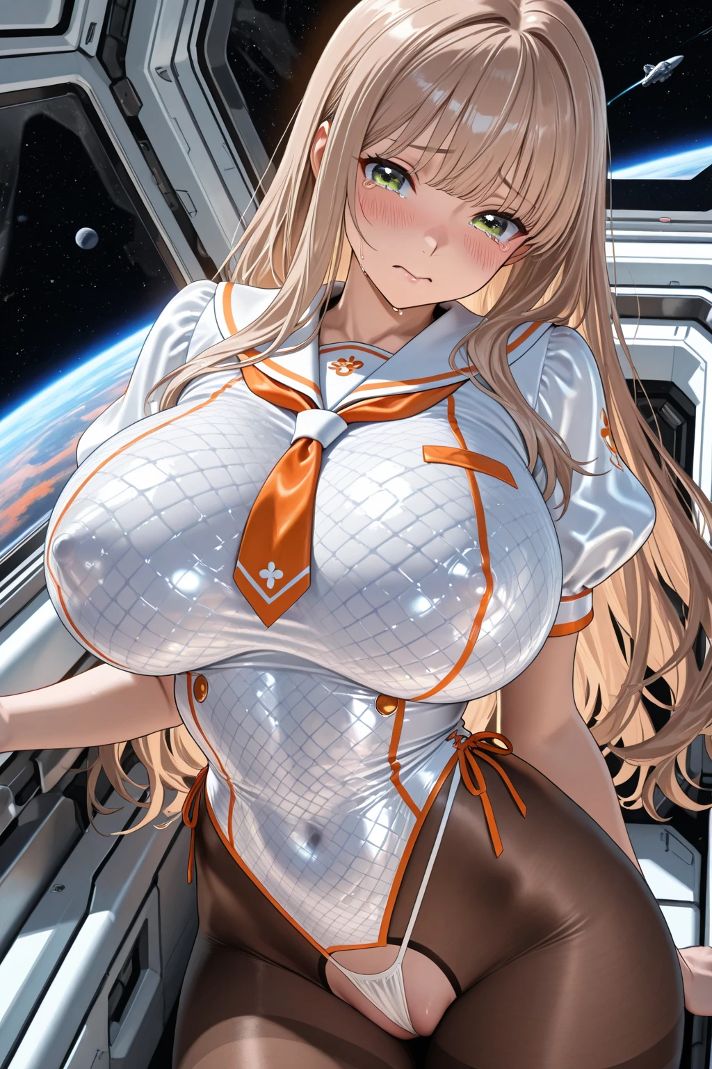 ((Highest quality)), ((masterpiece)), (detailed), (Perfect Face)、The woman is Princess Leona, with medium-long light brown hair. She is naked and trapped in a mechanical capsule filled with culture fluid that is larger than her height.