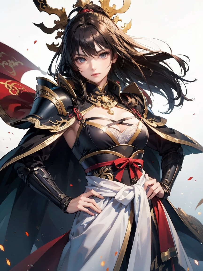 (masterpiece, best quality, perfect face, expressive eyes), 1girl, (anime), (adult), black hair, yellow eyes, Chinese general armor, gold pauldrons, holding golden spear, gold hair ornament,