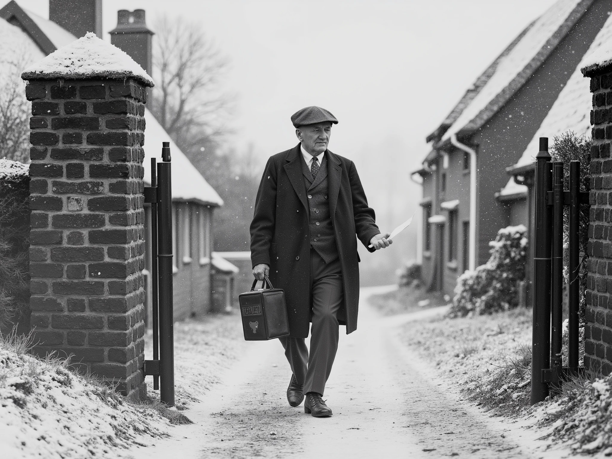 Ultra-realistic black and white photograph of an elderly British postman, from early 20th century UK. He is delivering letters in a remote rural village, surrounded by snow-covered landscapes — narrow dirt paths blanketed in fresh snow, stone cottages with thatched roofs in the background, smoke curling from chimneys. The old man wears a heavy wool coat, scuffed leather boots, a flat cap, and carries a vintage leather mail satchel. His expression is weathered and kind, mid-step as he hands a letter to an unseen recipient at a rustic gate. Snowflakes fall gently, captured mid-air in high contrast. Overcast sky, soft light diffused by thick clouds. Moody, cinematic composition, rich in historical texture.