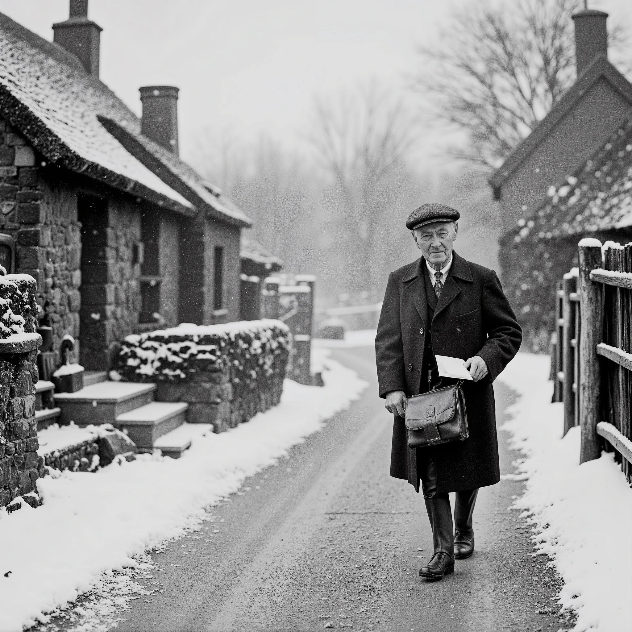Ultra-realistic black and white photograph of an elderly British postman, from early 20th century UK. He is delivering letters in a remote rural village, surrounded by snow-covered landscapes — narrow dirt paths blanketed in fresh snow, stone cottages with thatched roofs in the background, smoke curling from chimneys. The old man wears a heavy wool coat, scuffed leather boots, a flat cap, and carries a vintage leather mail satchel. His expression is weathered and kind, mid-step as he hands a letter to an unseen recipient at a rustic gate. Snowflakes fall gently, captured mid-air in high contrast. Overcast sky, soft light diffused by thick clouds. Moody, cinematic composition, rich in historical texture.