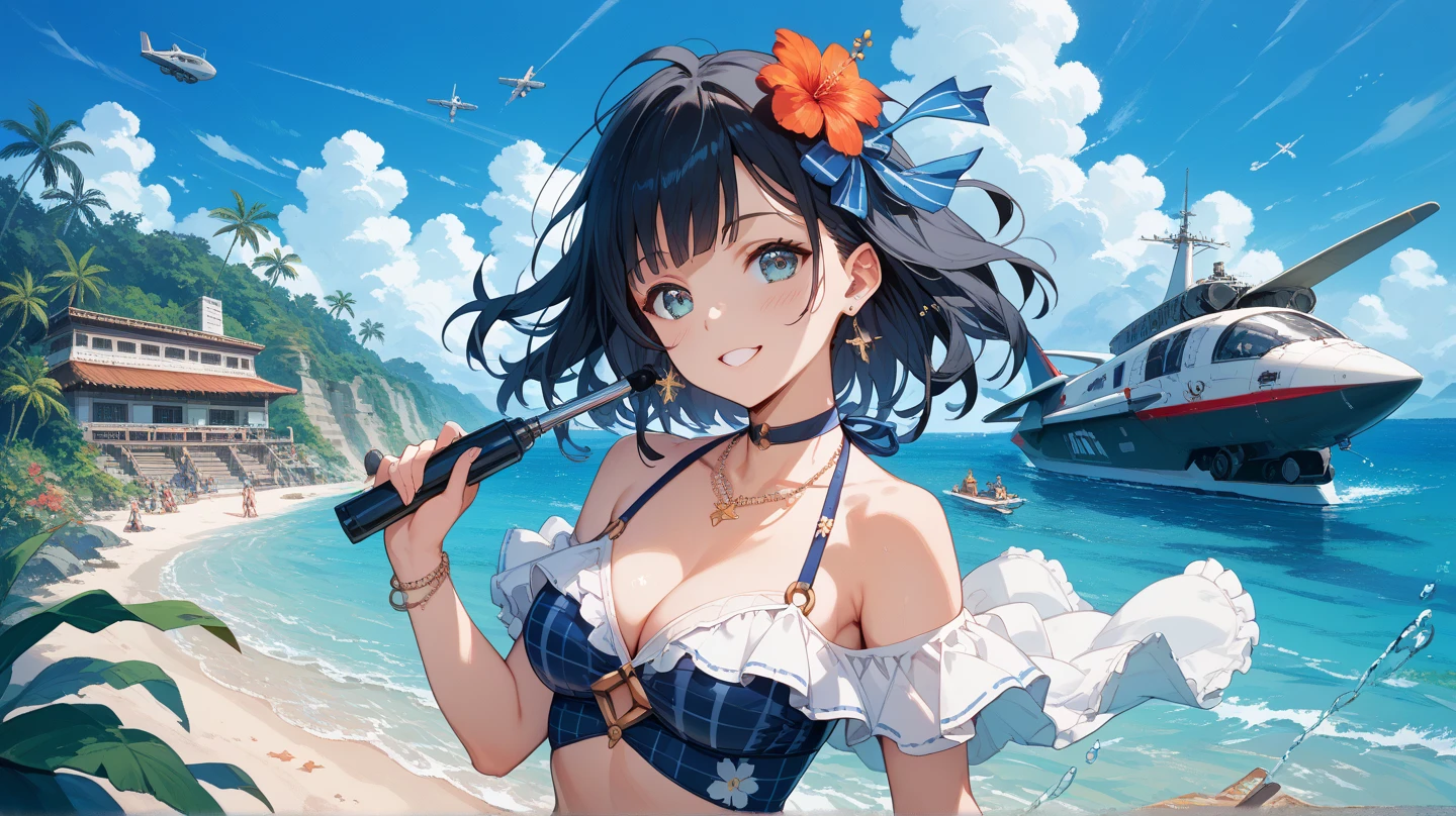 Beautiful illustration、top-quality、Kaga_kantaicollection
brown_hair, Side_Ponytail, brown_Eyes, Short_hair, (gigantic_breasts1.5) long_hair、Blue Bikini、 coast_landscape,(abs:0.5),navel,solo,(light_smile:0.7),happy