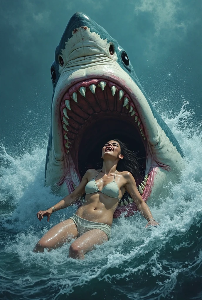 Create a hyper-realistic scene of a great white shark hunting a female tourist in the ocean. The shark, massive and menacing, is shown with its jaws wide open, just beneath the surface of dark, choppy waters. The woman, wearing a red swimsuit, is swimming desperately, her face showing fear as she tries to escape. The ocean is slightly overcast, with waves splashing dramatically. Capture the intensity and danger of the moment, with a focus on the details of the shark and the woman.