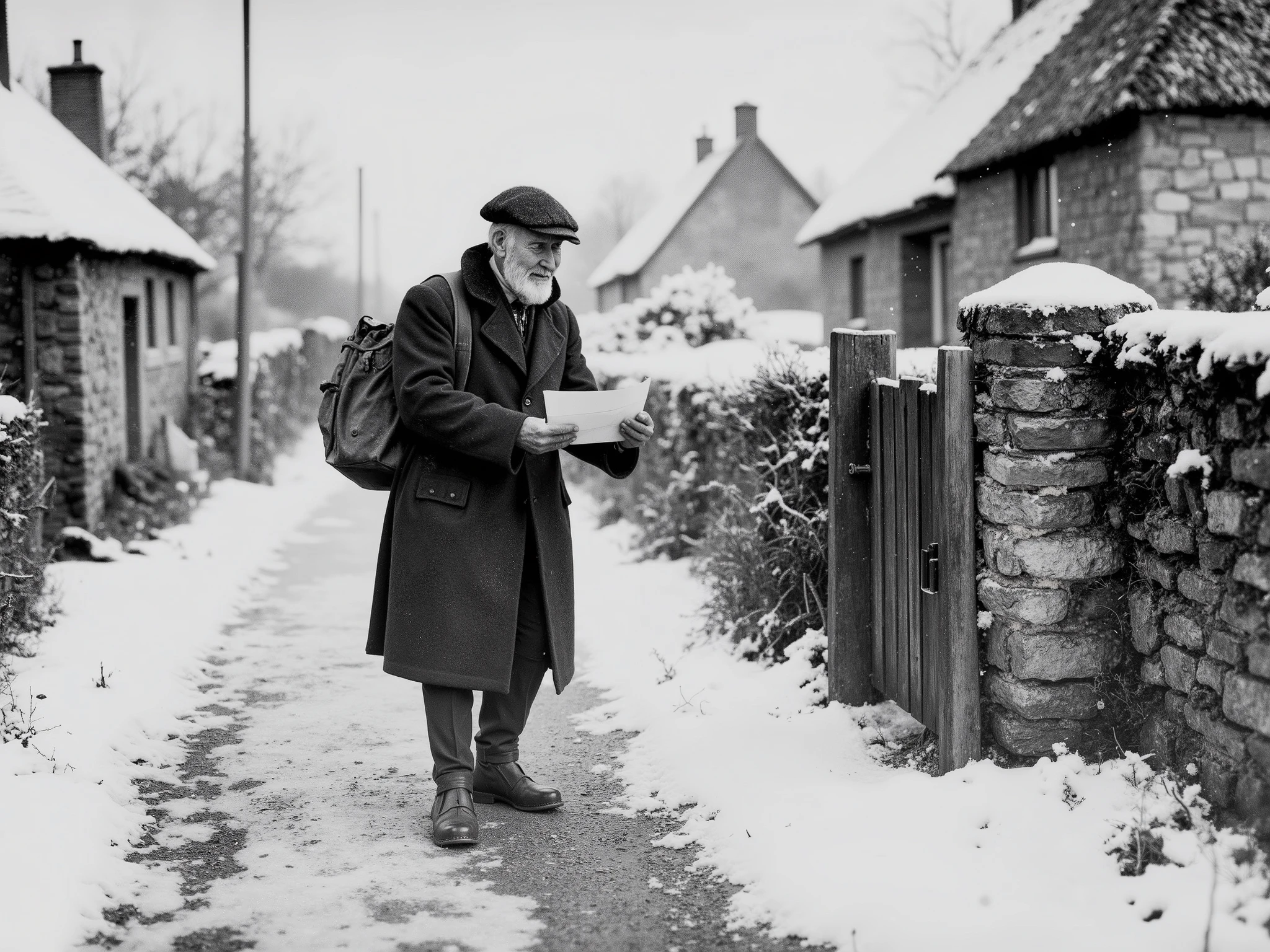 Ultra-realistic black and white photograph of an elderly British postman, from early 20th century UK. He is delivering letters in a remote rural village, surrounded by snow-covered landscapes — narrow dirt paths blanketed in fresh snow, stone cottages with thatched roofs in the background, smoke curling from chimneys. The old man wears a heavy wool coat, scuffed leather boots, a flat cap, and carries a vintage leather mail satchel. His expression is weathered and kind, mid-step as he hands a letter to an unseen recipient at a rustic gate. Snowflakes fall gently, captured mid-air in high contrast. Overcast sky, soft light diffused by thick clouds. Moody, cinematic composition, rich in historical texture.