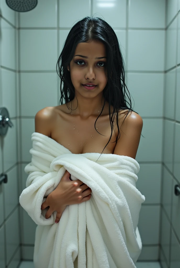 (Best quality, photorealistic) A 11yo petite girl, South East Asian girl, in a bathroom, taking showers, wet hair,nude, pubic hair, brown skin,(children like breasts) childish body.