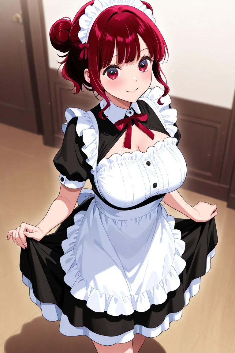 (TVanime,Cel painting style),(Accurate hands、Five fingers),cowboy shot,(KallenStadfeldXL, blue eyes, red hair, short hair, parted bangs, large breasts,Cleavage, zettai ryouiki, mini skirt,maid uniform,black skirt, white thighhighs, black shoes),(Blushing, embarrassed,tears、Glare),(very embarrassing:1.4),Bedroom,(skirt lift, lifted by self),Frilled Panties
