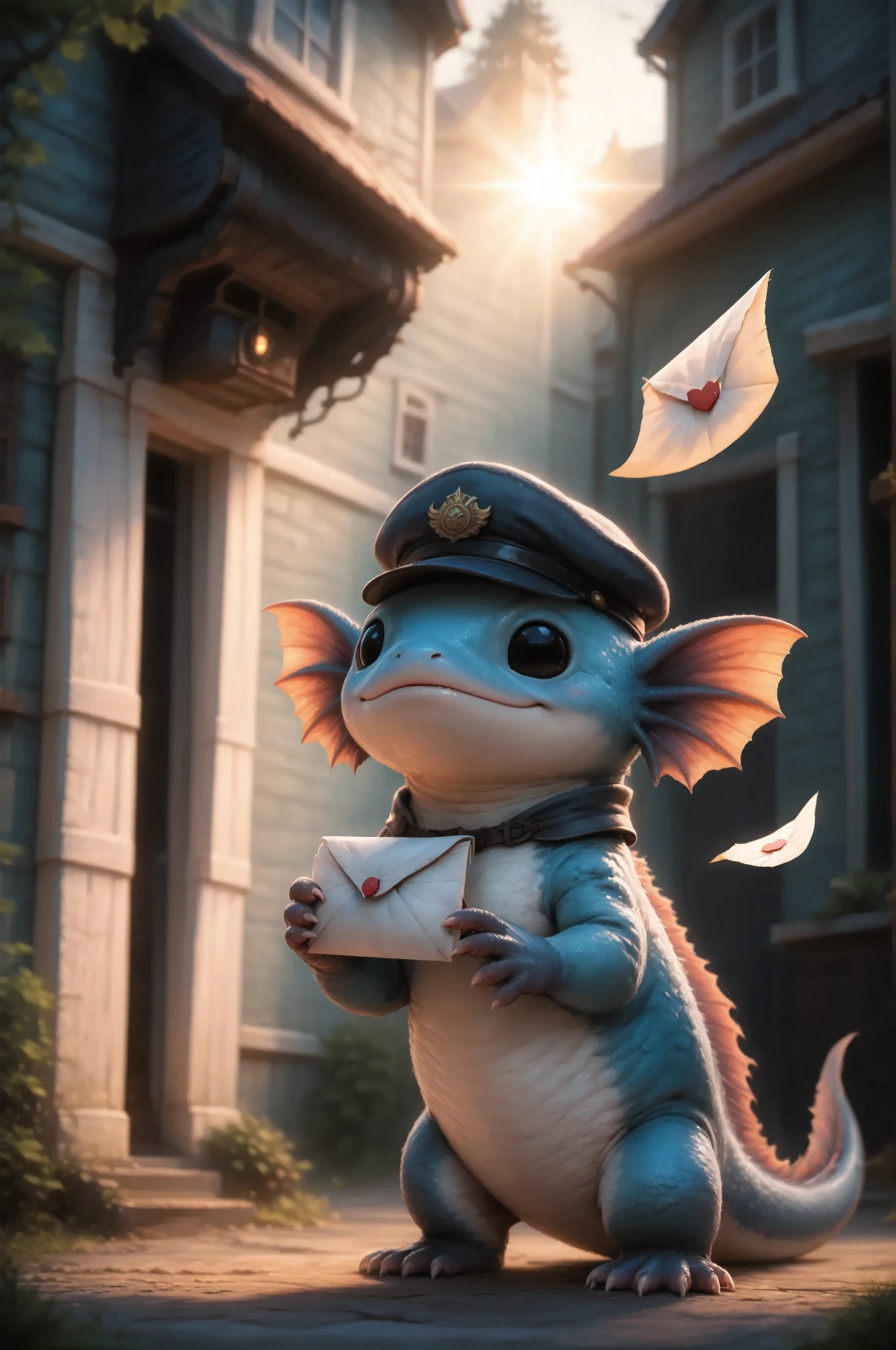 Close-up of a letter in the creature's paw. Character_Fuli, The creature hands out a letter and puts it in a mailbox on a sunny street in a medieval city. The light falls, giving long soft shadows. Long horizontal rays glare from the sun Anamorphic_highlights. Postman cap on creature.
masterpiece, best quality, ultra-detailed, cinematic emotional static frame, 8K UHD, extreme detail, physical-based rendering, HDR.
Unrealistic image, fantasy genre, dramatic lighting. Highly detailed digital art style, (SFW:1.3).