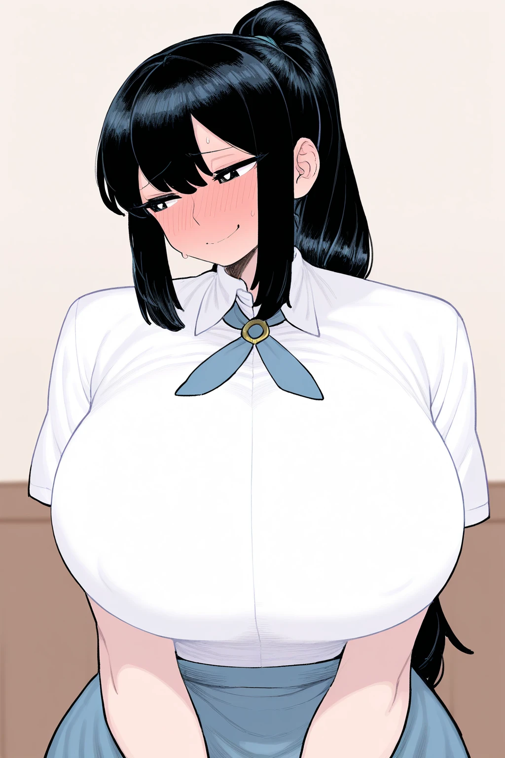 Gigantic breasts, huge breasts, large breasts, wide hips, thick thighs, fat thighs, 1girl, solo, long hair, black hair, straight hair, orange eyes, sweet smile, affectionate, (blush), cute, happy, looking at viewer, shirt, red hair, belt, short skirt,