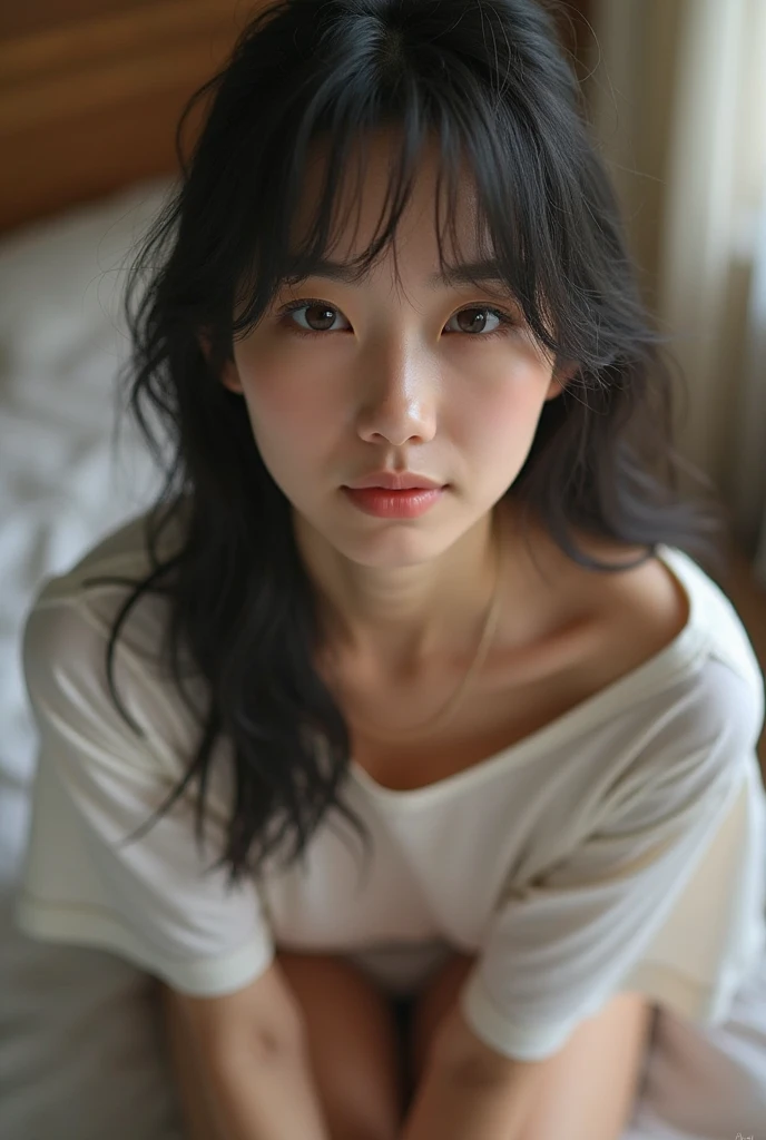 ((lying:1.5)), ((lying:1.5)), ((lying:1.5)), ((lying:1.5)), ((overhead shot:1.5)), ((overhead shot:1.5)), ((overhead shot:1.5)), ((Supine Position:1.5)), ((Photographed from directly above:1.5)), ((take a photo from directly above:1.5)), ((From above:1.5)), ((Photographed from directly above:1.5)), ((on bed:1.5)), ((on bed:1.5)), ((Hotel Bed:1.5)).
((one woman,1 female)), ((wearing a transparent white blouse:1.5)), ((mini skirt:1.5)).
((beautiful straight black long hair:1.5)), (bangs:1.7), (small natural breasts:1,7), ((flat chest:1.8)).
((looking at viewer:1.5)), ((look into the viewer's eyes:1.5)), ((Looking into the camera:1.5)), ((Viewer's line of sight:1.5)), Elderly face, ((crying:1.5)), ((crying:1.5)), ((shy:1.5)), ((shy:1.5)), ((shame:1.5)), ((blush:1.5)), strong maternal qualities, Staring at this, Face is close, Staring at this, Ultra-fine, Beautiful Hair, Transparent Photo, Have a look at this, Perfect Fingers, Perfect Face, Detailed Background, Fair skin, Translucent white skin, Perfect Fingers, Detailed Background, Highest quality, very High resolution, Perfect ???????, High resolution, RAW color photos, Professional photography, Very delicate, Very detailed, Finely detailed, Large file size, Best image quality, 16K, Award-winning works, Tabletop, Professional Photography,