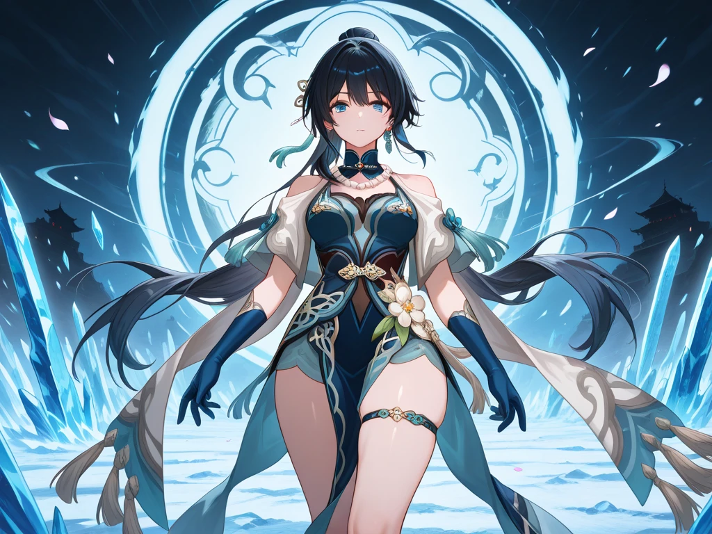 trading card style, art nouveau, standing, detailed face, detailed eyes, beautiful blue eyes, slender woman, divine, long ponytail, big breasts, black and gold bikini, gold accessories, dark hair
