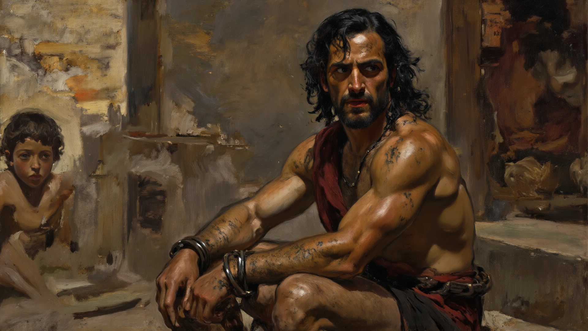 Erotic ancient Greek god man, laurel wreath on the head, long hair