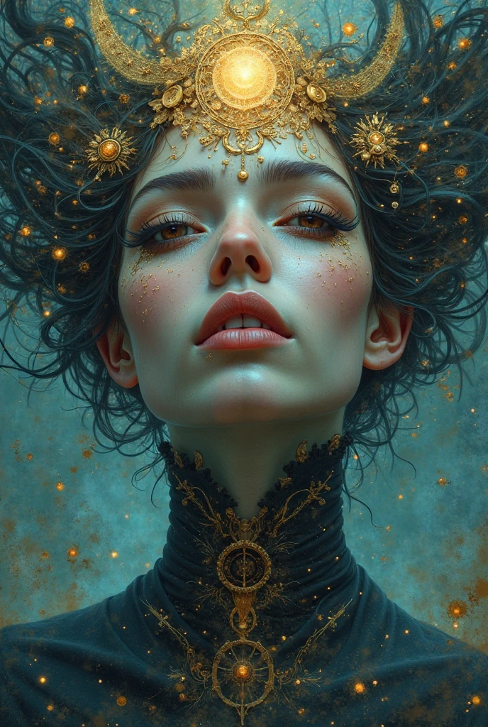 (gold leaf art:1)，abstract painting,goth girl，Smoky makeup,Illustration in surreal art style,Postmodern heavy metal style