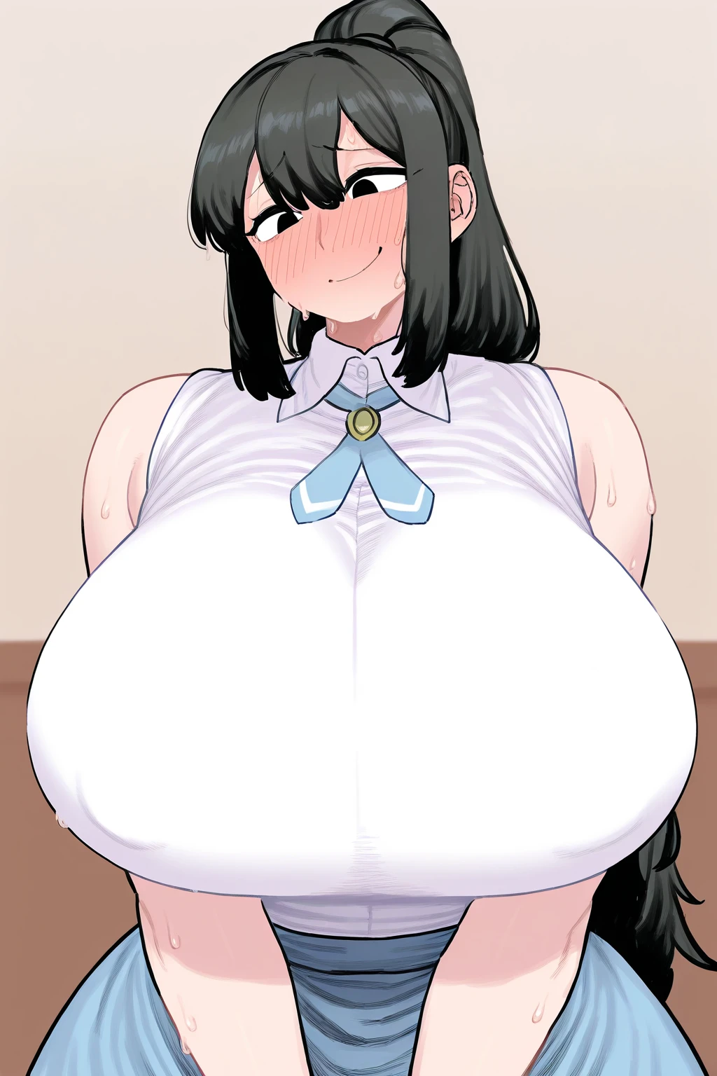 (8k, masterpiece, High detail, Ultra-fine illustrations:1.5), (Detailed Background), Perfect ???????, Single Shot, (1 person),(Completely ?????:1.5), (Cute face, Black Hair), hairpin, (Mature black huge nipples:1.4), (Top-heavy, very saggy huge breasts:1.5), (Cleavage), Thick thighs, Charm, (whole body,front)