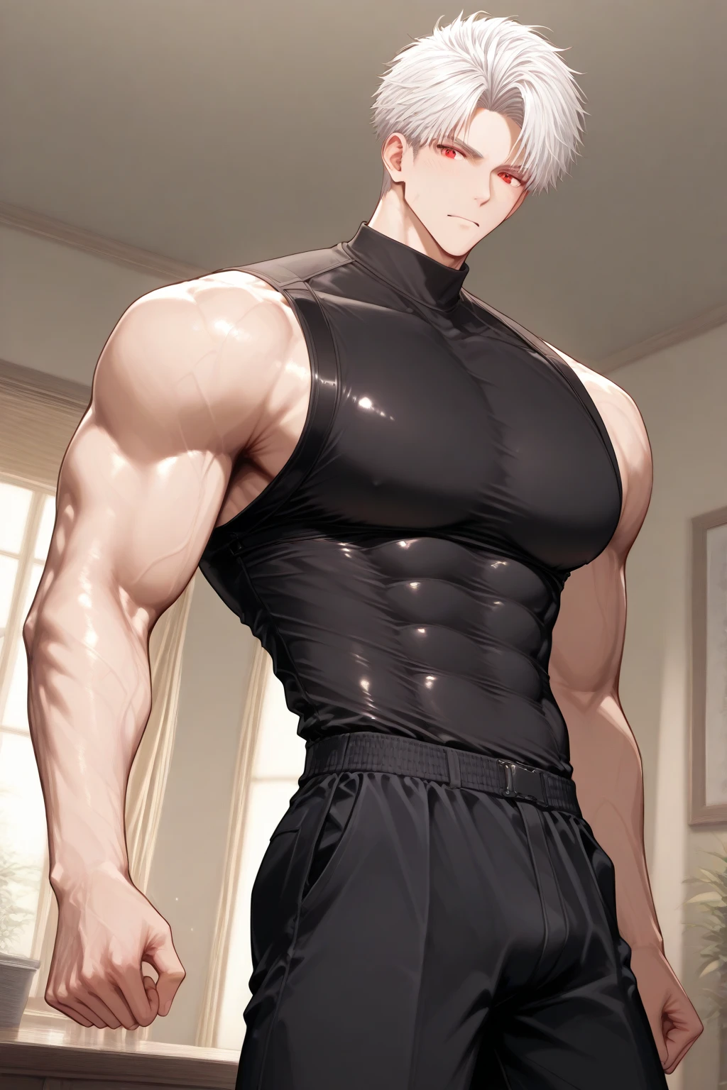 Full male athlete picture, Standing in the center court of the gym, He wears a high-end transparent white tight-fitting sportswear, The man looks confident and determined, sunshine, ??????????? cheerful, Good-looking, Crew cut, full bodyesbian, shooting from below,