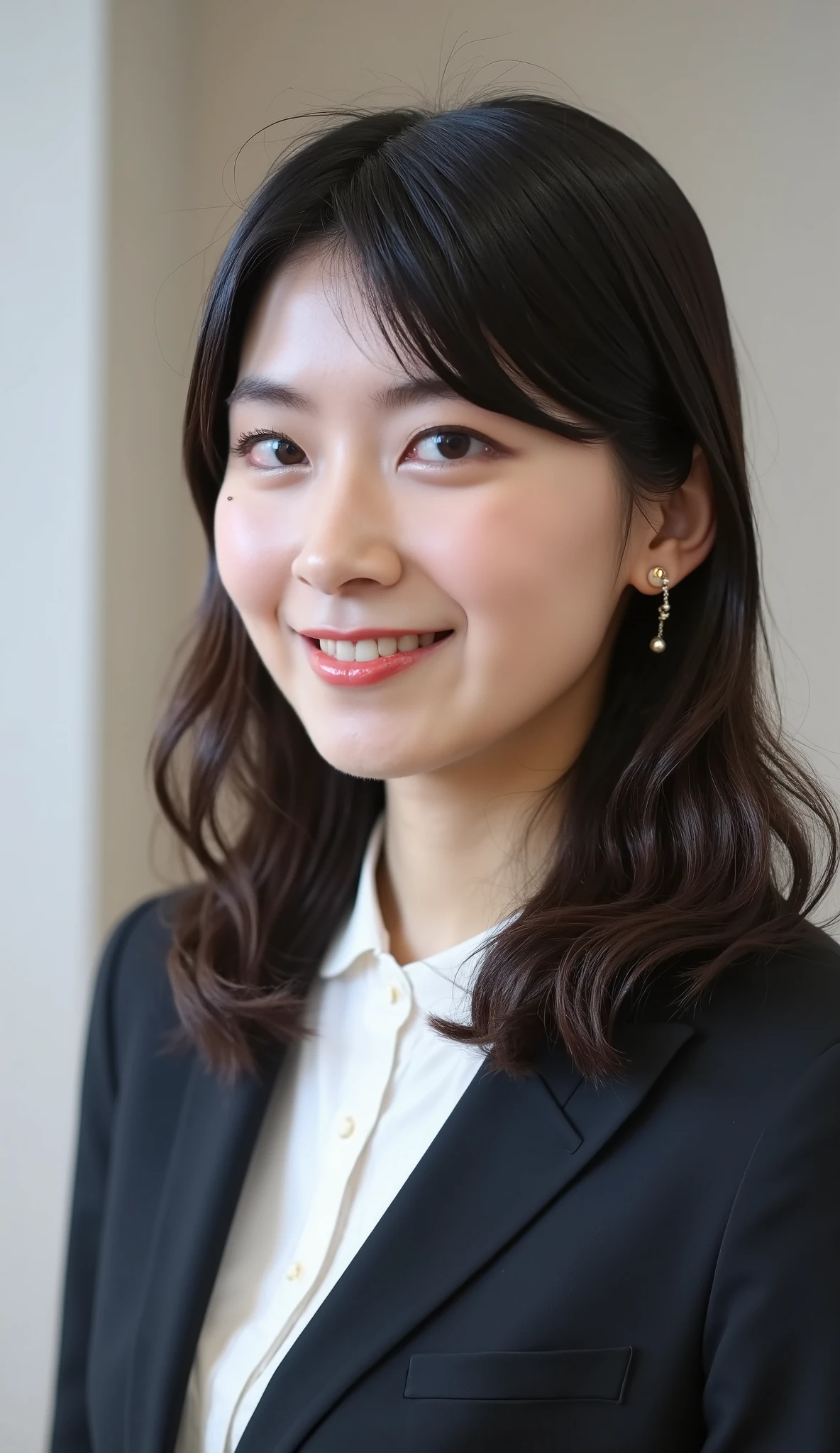 Neat Young Woman、and look at the camera、office lady suit、jacket、shirt、ネックレス、、ear piercing、薄い茶髪、、smile showing teeth、背景はオフィス