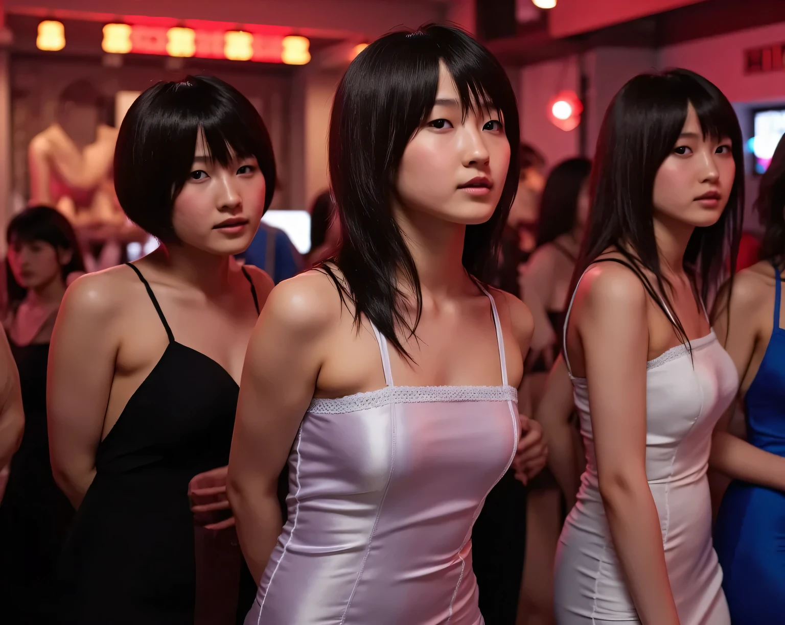 lots of women、7 women line up、masterpiece, 最High Quality,16 kg,8k,beautiful,get used to it, exquisite,extremely get used to it, finely get used to it, High Quality, insanely get used to it, ultra get used to it, Ultra High Definition, 超High Quality, beautiful face, Japanese, nsfw,( emphasizes breasts , emphasizes breasts ,big breasts、 Tube short dress、small part 、 shiny satin dress 、beautiful cleavage、 Cinema Writing、 20th Generation、 Night Bar Background 、 lots of club casts lineup、A lot of beautiful women gather in an inwardly circle、beautiful女性はいろいろなヘアスタイルをしている、neon lights、Night atmosphere、ears、Full Body、 foot、draw viewers close、tilt your head to the side、Upper eyelid、make gestures to correct the position of underwear、 Full Body、Full Body、bends forwardになり視聴者を下から覗く、bends forward、Night atmosphere、