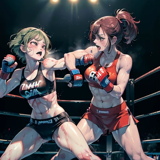 two bloody beautiful Japanese female heavyweight fighters are fighting by extreme bareknuckle boxing in the octagon fighting ring of underground arena with audience. A fierce exchange of dynamic punches. they are beating each other so hard. survival battle. whole body picture. they are covered in scars and bruises. they are damaged terribry. Short-cut black hair, out of breath, drooling from mouth, one eye is closed, exhausted, drenched in sweat. Erect nipples. open finger glove. Ragged white and pink lined sports bra, high leg panty, Stockings. armwarmers. small breasts, armwarmers. Whittled waistline, muscular, six-pack abs, very thick arms and thighs, super huge tits.
