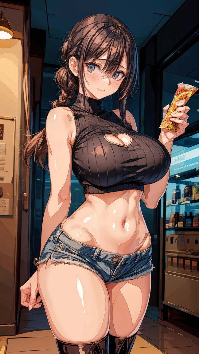 High resolution, high quality, One girl, Anime Girls,[[During pregnancy]], Brown long hair, Brown eyes, Pink Glasses,heart shaped pupils,Sunburned skin, Large Breasts,beautiful breasts,pointy breasts,(Big Ass),beautiful ass,Embarrassed,Tank Top,denim shorts,lower body,sweat,wet,squatting,open legs,arms behind head,Groin tattoo,glowing tattoo,at cafe,(lemon juice),(orange juice),(Pineapple juice),(Mango juice),(water),