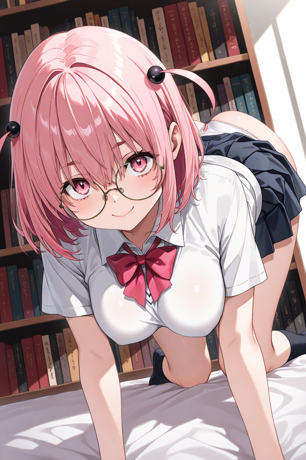 high quality、High resolution、high resolution、Inside the love hotel、One Woman（Lying on his stomach doing the Jack-O-Pose）、Wearing red glasses、Pink Thigh Boots（Up to the thigh）Pink choker、Wearing a down jacket off the shoulders、Pink Hair（Short Hair、High twin tails、slippery head、Wetた Hair、Silky Hair、Bangs that are long enough to cover the eyes，））、Black ribbon、、Blue heart shaped earrings、Are fat（1.6）、Wet（1.4）、Tree Eyes（1.9）、The corners of the eyes are pulled out.、Green Eyes、Saggy breasts（1.9），Big Breasts（1.9）、Long chest（1.9）、Her breasts are shaking up and down、、Oho face、（（（Angle from the buttocks）））　　（One Black Man）、（Big Penis）、（A man is having sex with a woman from behind）