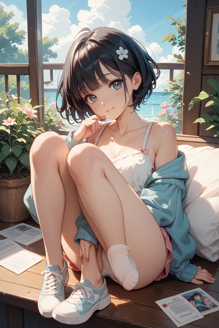 (short cute girl,small young student,young delicate girl),(masterpiece,Top quality),hugging own legs,sit with one's knees,bend legs,black hair