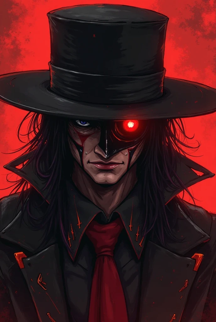 1boy, <lora:Caleb:0.8> black hat, red eyes,glowing eyes, black coat, long hair,close-up, <lora:Dark Pony:0.8> Dark style, score_9, score_8_up, score_7_up, score_6_up, score_5_up,