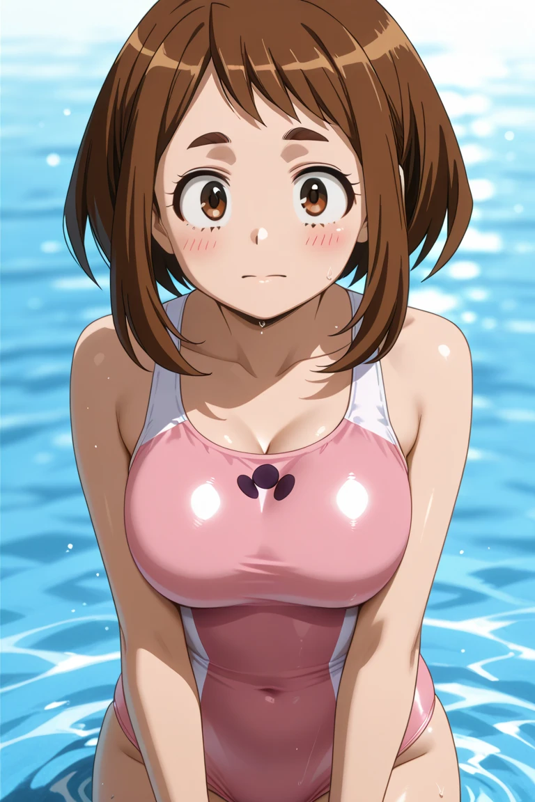 (Perfect body),Best Quality,16 K,(((adult woman)))、((NSFW))、(((blush))),(:o)、embarrassed from,(Short hair),((Forehead))、 (((Brown eyes))),((((Brown hair)))),(Sweat),(white knee-socks),((Big ass)),(((Light blue striped bikini)))、(((fullnude)))、(((large full breasts)))、((thick thighs))、spreading legs、Hands behind the head、in poolside