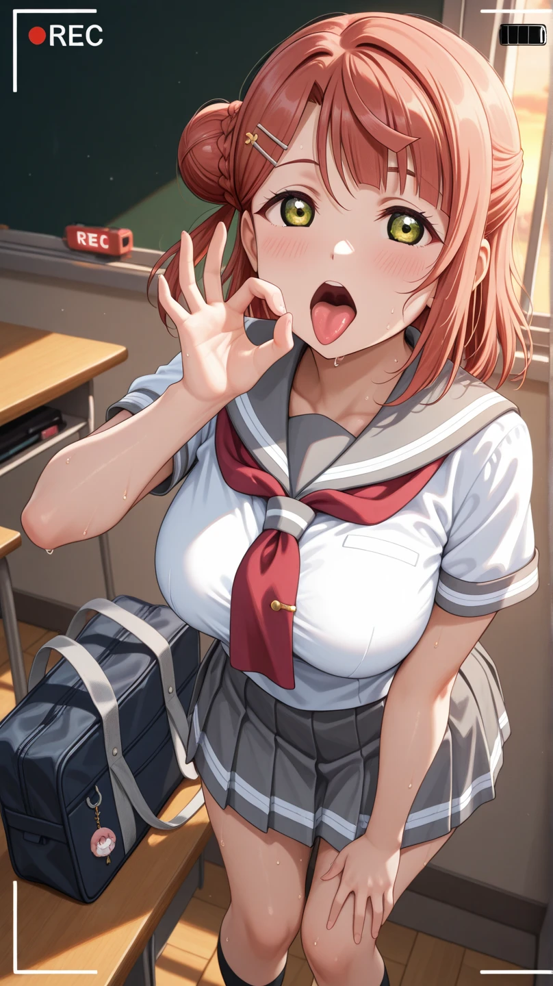 masterpiece,best quality, 1girl, kita ikuyo, bocchi the rock!,nsfw,(school uniform:1.1),classroom,(fellatio gesture:1.2),bukkake,looking at viewer,cleavage cutout,medium breasts,beautiful nipples,cum everywhere,anime keyvisual,sitting,side view,cum on tongue,seduce