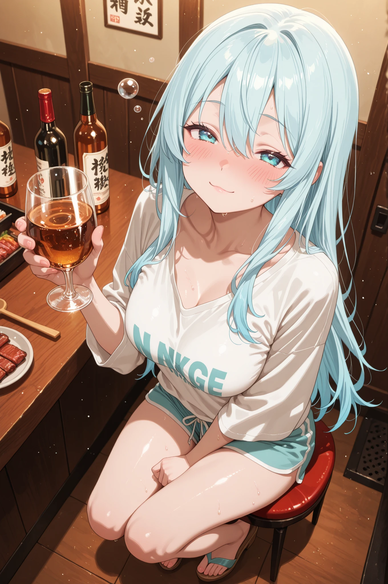 a close up of a naked girl in public area taking a drink, 1girl, breasts, nipples, censored, hetero, mosaic censoring, 1boy, sex, nude, penis, short hair, vaginal, tongue out, blue hair, tongue, cum, navel, completely nude, red eyes, blush, collar, ahegao, sweat, alcohol, pussy, large breasts, open mouth, male pubic hair, arm support, spread legs, can, cum in pussy, saliva, solo focus