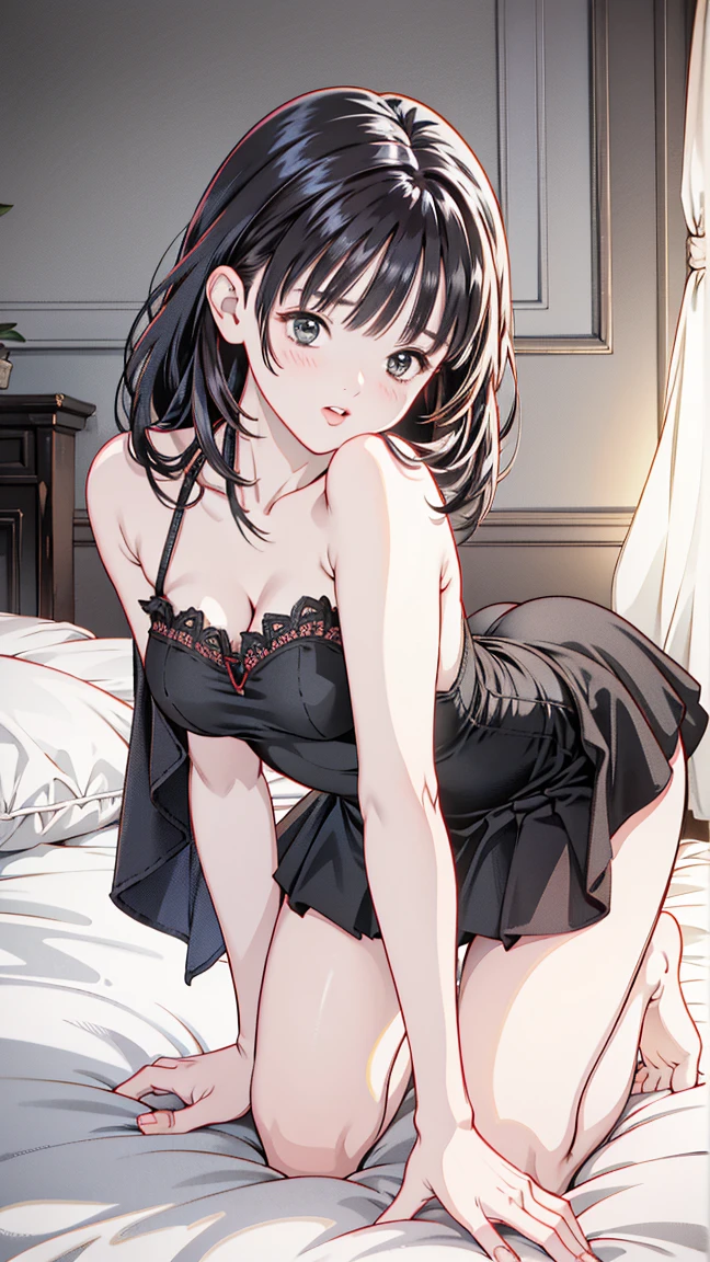 mizuharachizuru, tmasterpiece，high quarity，Real Photographics），intricate-detail，Fantastic atmosphere，Colorful effects，Pure and beautiful girl，Delicate and detailed face and eyes，Delicate Makeup，Clavicle，black lence stockings，Short skirt with a sense of design，（（Sexy）），domineering sitting posture，Spread your legs apart,Thong Panties，palace background，I'm smiling at you, ​masterpiece, Top image quality, hight resolution,　8K, 独奏, Colossal tits, A MILF、Short blouse, Latina,  Jumping Window, frombelow, Both thighs are exaggerated, obscenity, a bed, undergarment, hard breathing, Sex Expressions, Open legs