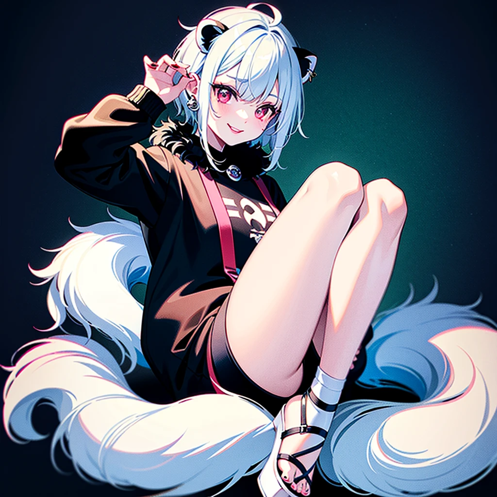 a cute adult male with wolf ears, white hair, has a wolf tail, wearing a loose cropped oversized black hoodie, wearing a pair of denim short shorts and fishnet stockings, thick thighs, wide hips, relaxing on mound of fluffy animal plushies, short, very slim, showing slender tummy, stretching out, heart on hoodie, squishy thighs, has glowing blue eyes, solo, alone, (ALONE)(SOLO)