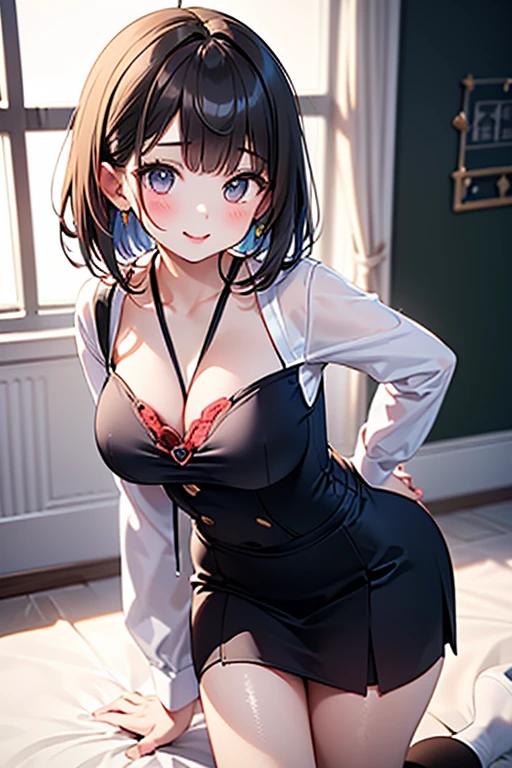 (masterpiece:1.3, Highest quality, Ultra-high resolution, Very detailed), (Realistic:1.1, photoRealistic:1.4), Beautiful illustrations, Perfect lighting,Written boundary depth, Beautiful detailsまでこだわった髪, Beautifully detailed face, Beautiful details, Beautiful clavicle, Beautiful body, Beautiful and juicy breasts, Beautiful thighs, Beautiful feet, View your viewers, 1 Girl,Perfect Face, (Perfect ???????, Anatomically correct), Cute and symmetrical face、Baby Face、((Shiny long hair)),(Beautiful views),(Outdoor, Blurry cityscape),(かわいいsmile, smile)、Sexy Body、(masterpiece),(Highest quality：1.3),8K,Very clear,(Ultra-realistic), One Girl,Wide Shot,((Large Breasts)),Wide Hips,Beautiful feet, Captivating woman,Sexy Girl(masterpiece、Highest quality、Very detailedな)、((One Girl))、((Black Hair))、((short hair))、((black eye))、((非常にLarge Breasts))、White shirt、((Open clothes、Open collar))、((Pink and black bra))、((Black mini skirt))、((Big Hips))、Cowboy Shot、((夜のBlurry cityscape))