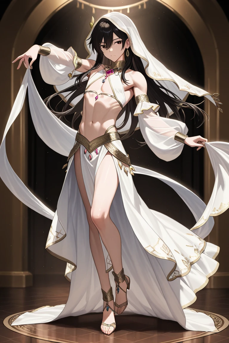 long hair, black hair, medium breast, slim legs, happy, white gown, cleavage, arabian belly dancer , skirt, rin tohsaka, twin tail, navel, garden, night