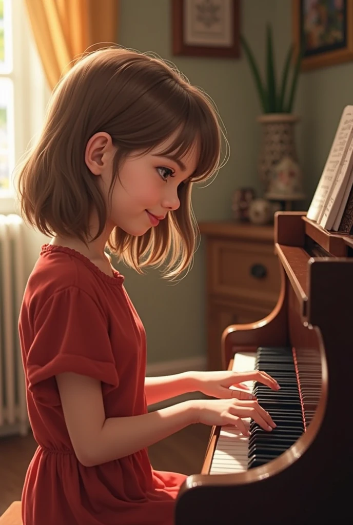 Best picture quality, detailed eyes, lovely little 5 year old girl playing the piano, sheet music propped up on the piano, smiling very happily, amazingly large shining eyes, long eyelashes, long chestnut hair, very pretty , smiling happily, best smile, friendly and happysmile, lilies blooming outside the window,
