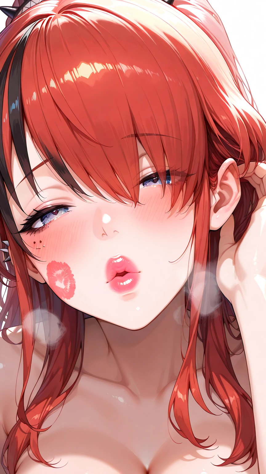 nsfw, nude, in bedroom, 1girl, 1boy, penis, blowjob, girl sucking a penis, high definition photo, ultra detailed skin, ultra detailed face, small skin imperfections, 1girl, Side-swept bangs, saggy breasts, obese body, multi colored eyes, Red hair
