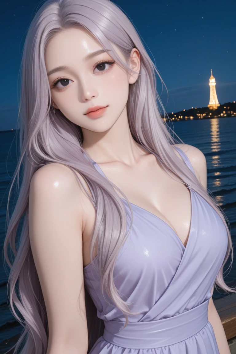 perfect figure beautiful woman：1.4，Layered Hair Style，Protruding cleavage，Purple 2D costume：1.5，Highly Detailed Face and Skin Textur，二重まぶた，Whiten the skin，long whitr hair，playing water，Collar