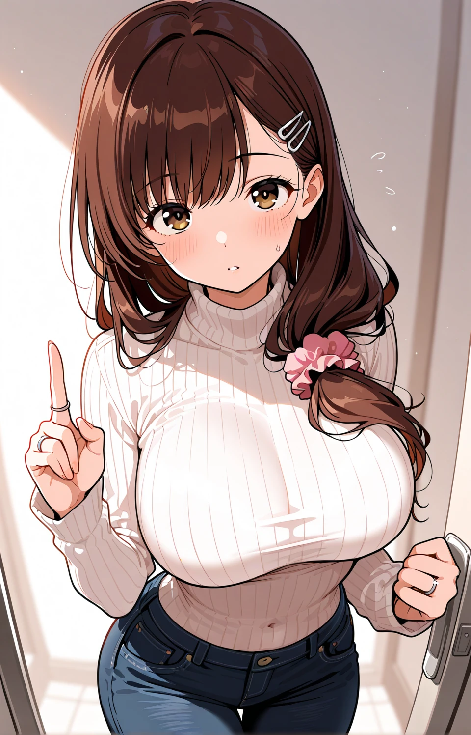 ((1girl)), super fine illustration, vibrant colors, absurdres extremely detailed CG, 8k wallpaper, (masterpiece:1.3), dynamic angle, dynamic pose,
best quality, depth of field, cinematic lighting, ultra detailed, brown long hair, very straight hair, large breast, white knit dress , 20yo, cute, very baby face, brown eyes, kawaii, smile, droopy eyes, arms at sides, smartphone, modern living room, peace fingers, Hold your smartphone in your hand、The screen is facing you