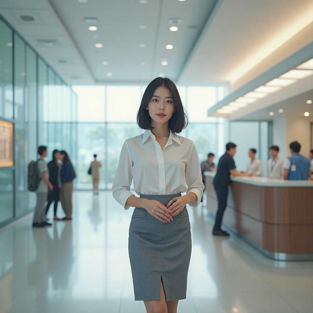 her name is Asako, high quality, 1girl, ((20-year-old fit Caucasian woman)), ((20 years old)), ((slim)), ((Wavy Bob)), pose: standing, wearing stylish fashionable Generation-Z modern wear dark colored, BACKGROUND:In the Dubai Opera, with its dhow-shaped design, lavish interiors, and state-of-the-art facilities that host world-class performances.