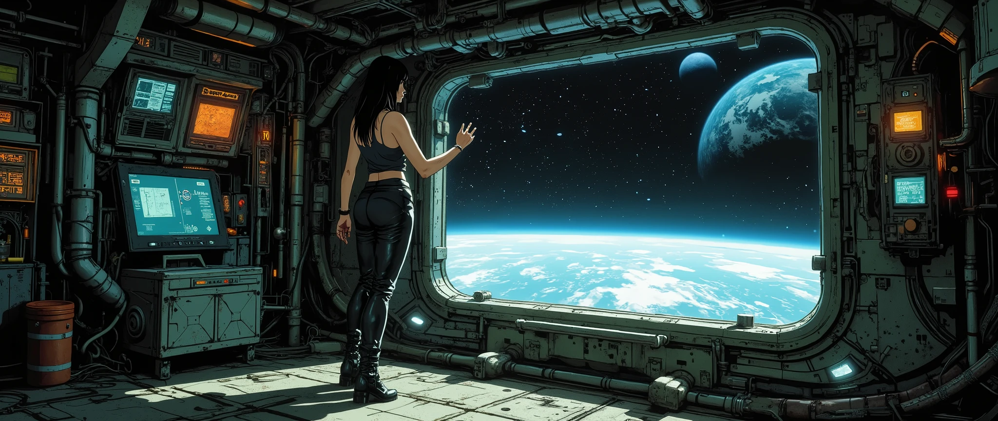 [Background art]] A futuristic, cyberpunk-style spaceship with a dark, retro atmosphere, inspired by 90s anime. An empty room inside a ship with a huge window overlooking space. The rectangular window reveals the dark space and the curvature of the Earth. The interior of the ship is dimly lit. [[RIGHT ANGLE and side view]] A woman looks out the window. The view is sideways, showing her from the side, touching the window glass. [[Side view]] She is wearing a black tank top, black leather pants, and high-heeled combat boots. She has long black hair. The walls show signs of rust and age. The anime style features an anime background and a 32k cel tone technique. The rendering is in the style of the animes Vampire Hunter: Bloodlost, Blame, and Black Lagoon. Exposed wires. The ship has a steampunk style. The interior is not oval, but rather linear, straight, and linear, inspired by post-apocalyptic spaceships. The interior setting is Mad Max style.[[From the window, you can see Earth from outer space