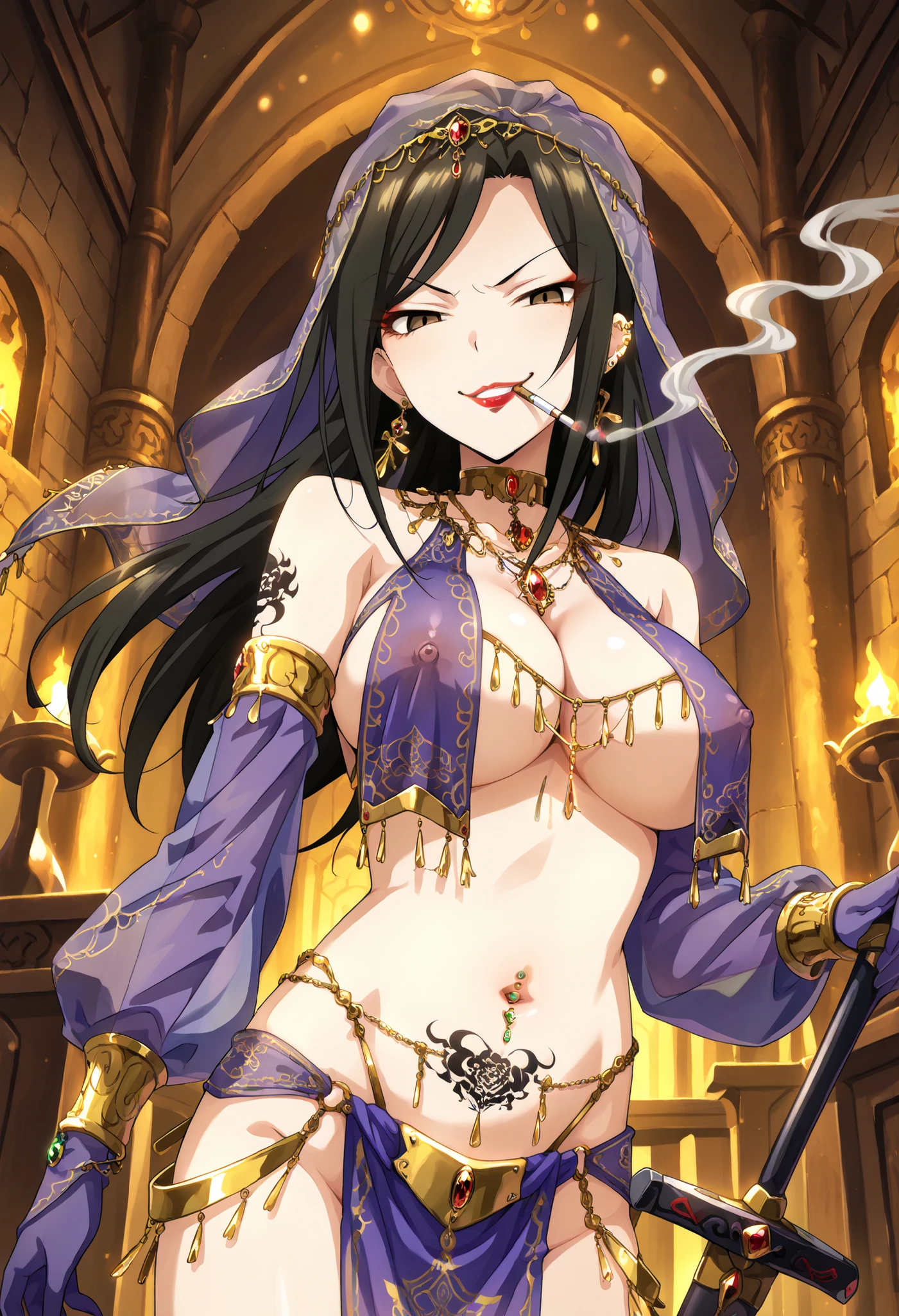 score_9, score_8_up, score_7_up, source_anime,mukai takumi, long hair, black hair, hazel eyes, 1girl, smirk, red lips, , bad attitude, mean girl, , ear piercing, long hair, , lipstick, Hot girl, baddie, smoking, sensual, attractive , cross necklace, choker, jewelry, earrings, harem outfit, tassel, silk, gloves, golden belly chain, golden jewelry, gem, red gemstone, transparent pelvic curtain, breast curtains, revealing clothes, arabian clothes, detached sleeves, long sleeves, covered nipples, see-through, clothing cutout, cleavage, bare shoulders, cleavage, navel, skinny,, closeup, elegant makeup, castle,inside castle, masterpiece, best quality, highly detailed ,gold_choker, complex detailed background, inside, holding a sword, sword,harem_outfit,navel, necklace, pelvic_curtain,revealing_clothes, veil, masterpiece,best quality,mature,evil smile ,necklace,pendant, (nsfw) not safe for work, exposed belly, exposed navel, midriff, exposed lower belly, ,cleavage, navel piercing , east asian architecture,, palace, , medium breast ,looking at viewer , dragon tattoo on waist, narrowed eyes, tattoo on waist, anipai_style , anime screencap , anime coloring, v-shape eyebrows,